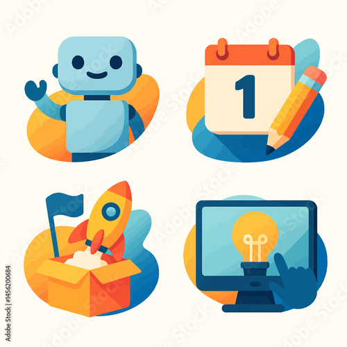 Illustrative Icons Representing Technology, Scheduling, Innovation, and Startups