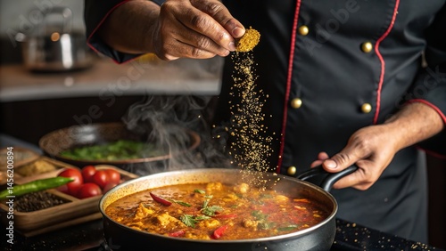 Fototapeta Naklejka Na Ścianę i Meble -  Chef's hand carefully sprinkling spices over a bubbling, flavorful curry in the kitchen.