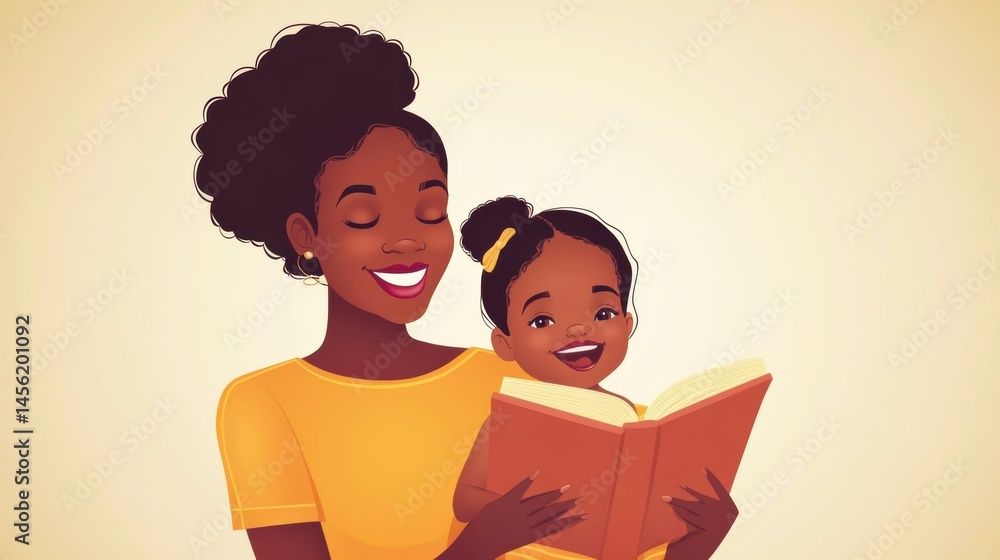 Fototapeta premium Illustration of African American Mother and Daughter Reading Together Lovingly