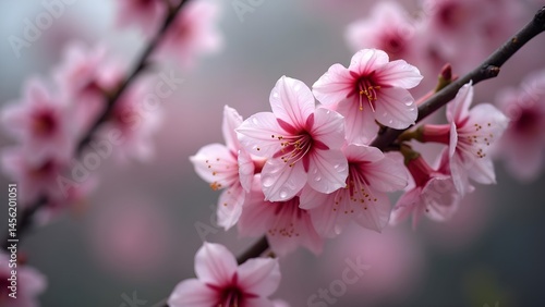 Delicate Cherry Blossoms: A Close-Up of Pink Spring Flowers on a Branch