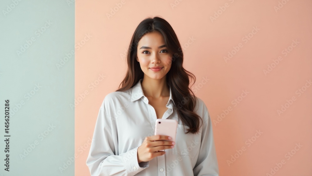 Thumbnail. Young woman with long dark hair holding smartphone smiling, Thumbnail. Young woman with long dark hair holding smartphone smiling,