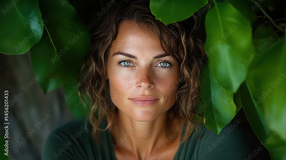 Portrait of a woman with beautiful curls framed by large green leaves, radiating natural beauty and connection to the environment, showcasing confidence and grace. Portrait of a woman with beautiful curls framed by large green leaves, radiating natural beauty and connection to the environment, showcasing confidence and grace.