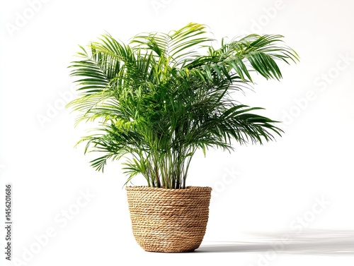 Lush Green Kentia Palm Plant in a Woven Basket Pot Isolated on White Background
