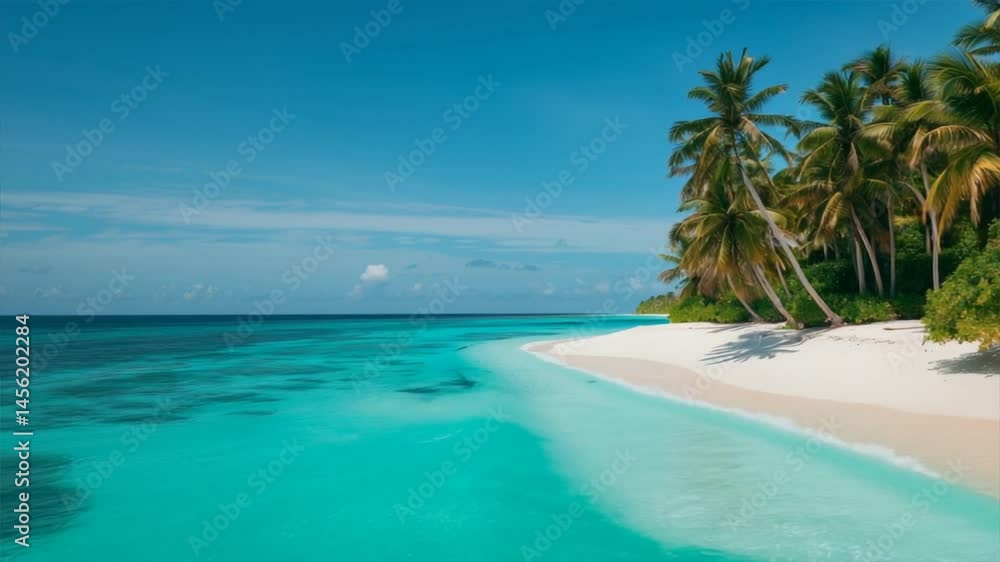 Tropical beach with crystal-clear water and palm trees under a bright blue sky, perfect for a vacation getaway. Tropical beach with crystal-clear water and palm trees under a bright blue sky, perfect for a vacation getaway.