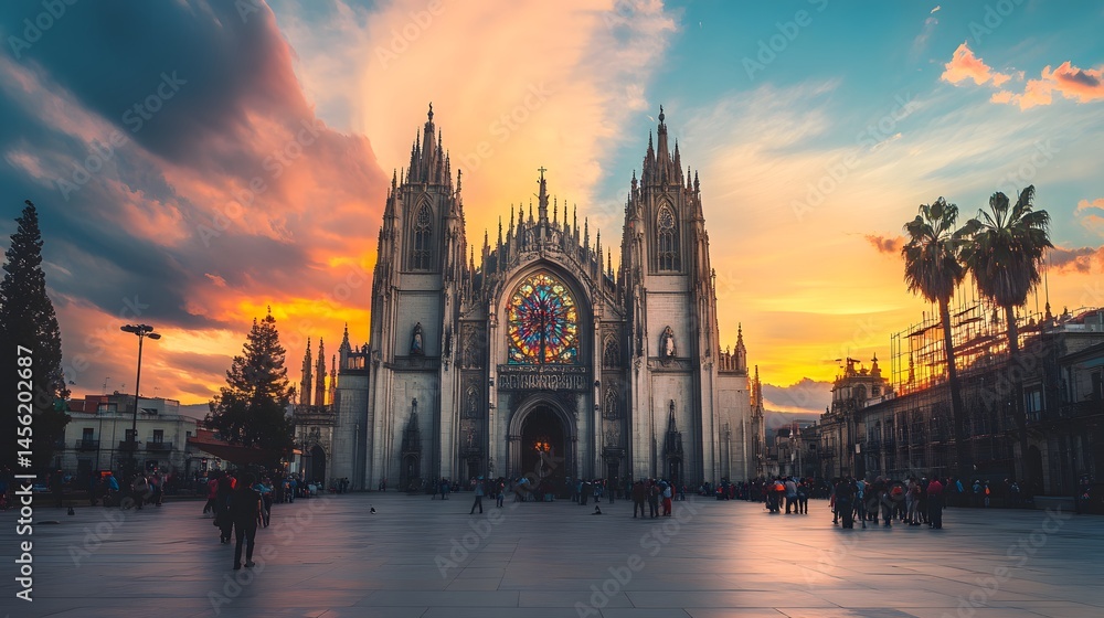 Fototapeta premium The Santa Maria Cathedral, known for its intricate details and vast stained-glass windows, with a dramatic sunset backdrop