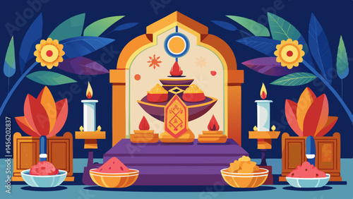 A serene and peaceful scene of a temple with a lot of candles and flowers. The temple is decorated with various colorful flowers and candles, creating a warm and inviting atmosphere