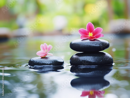 Relaxing spa scene with stones and flowers surrounded by water