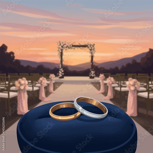 Wedding Rings on Cushion with Ceremony Setup at Sunset Backdrop