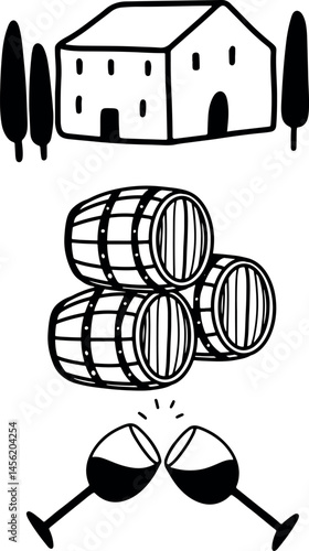 Winemaking. The process of making wine. Drawing, engraving, ink, line art, vector