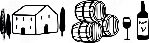Winemaking. The process of making wine. Drawing, engraving, ink, line art, vector