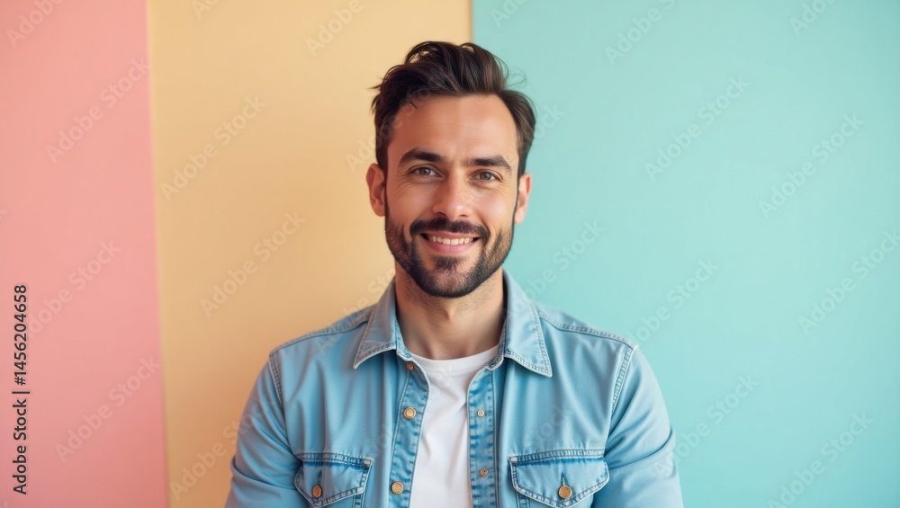 Tiktok Trading. Stock market optimism. Male man model isolated background. Smiling man in denim shirt exudes stock market optimism with hopeful future in his eyes. Tiktok Trading. Stock market optimism. Male man model isolated background. Smiling man in denim shirt exudes stock market optimism with hopeful future in his eyes.