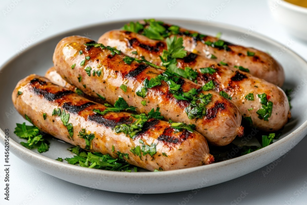 Grilled sausages garnished with fresh herbs served on a white plate ready for a delicious meal Grilled sausages garnished with fresh herbs served on a white plate ready for a delicious meal