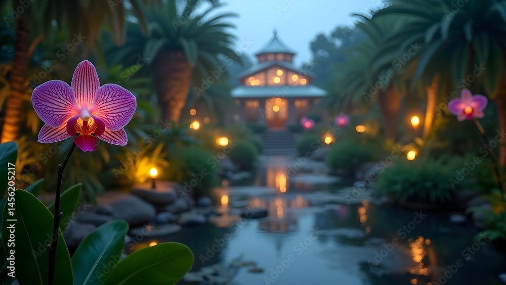 Orchid in Tropical Garden with Illuminated Building and Pond at Night Orchid in Tropical Garden with Illuminated Building and Pond at Night
