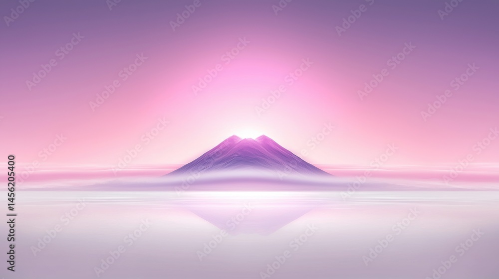 A serene landscape with a majestic mountain, a calm body of water, and a soft pink sky. A serene landscape with a majestic mountain, a calm body of water, and a soft pink sky.