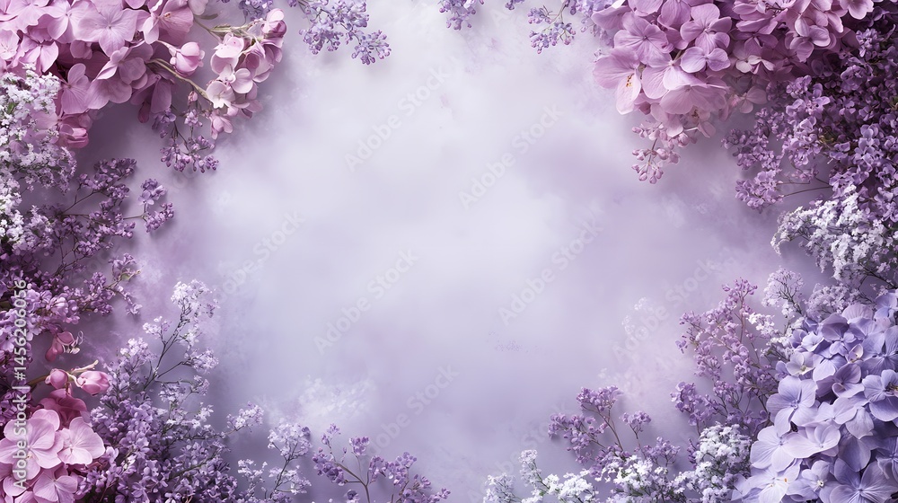 Delicate lilac blossoms frame a pastel-hued backdrop. Delicate lilac blossoms frame a pastel-hued backdrop.