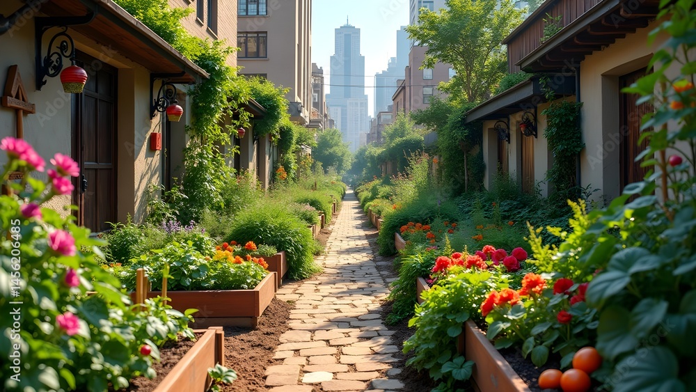 Obraz premium Lush urban garden path winding through city townhouses with flowers and foliage, offering a tranquil, scenic view.