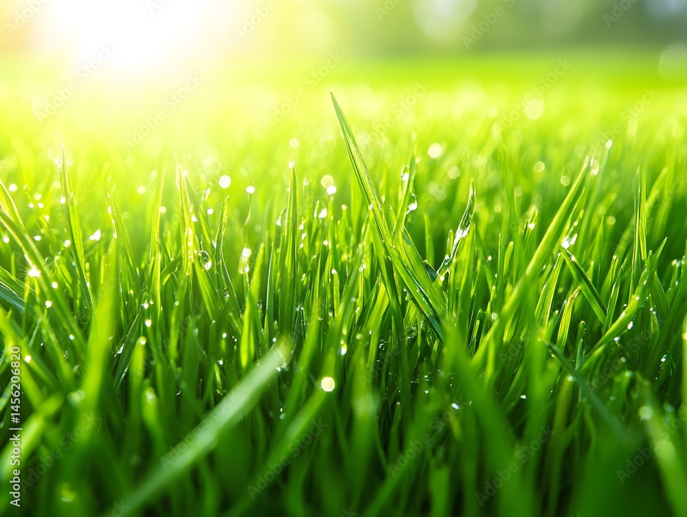 Fototapeta premium Vibrant Green Grass Dew Drops Sunrise Nature Background