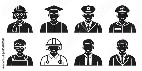 Vector Occupation and Career Icons – Black Silhouette Set of Doctor, Engineer, Teacher, Musician, Police 