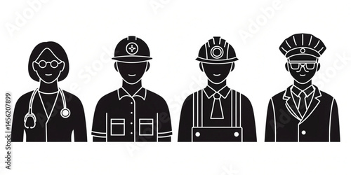 Vector Occupation and Career Icons – Black Silhouette Set of Doctor, Engineer, Teacher, Musician, Police 