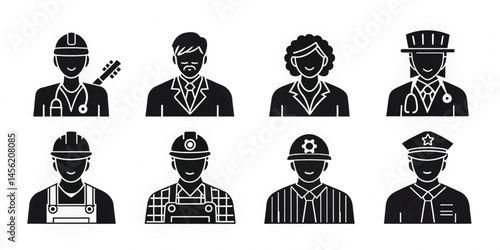 Vector Occupation and Career Icons – Black Silhouette Set of Doctor, Engineer, Teacher, Musician, Police 