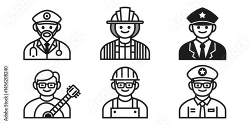 Vector Occupation and Career Icons – Black Silhouette Set of Doctor, Engineer, Teacher, Musician, Police 