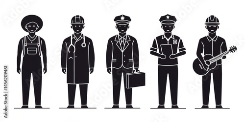 Vector Occupation and Career Icons – Black Silhouette Set of Doctor, Engineer, Teacher, Musician, Police 