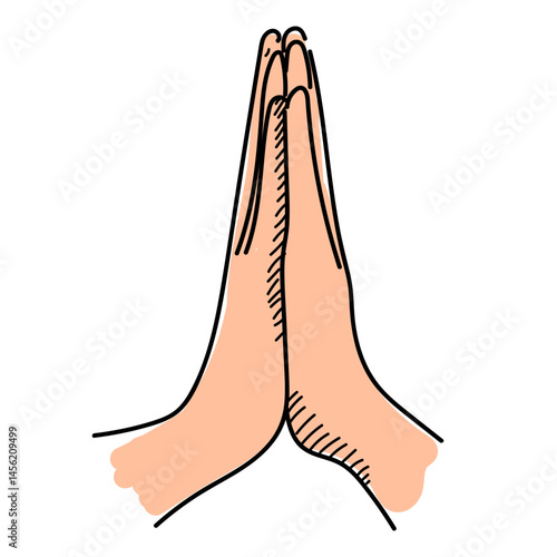 Folded hands, doodle style vector isolated. Hand-drawn illustration of hand palms in pray, namaste or high five gesture. Religious symbol.