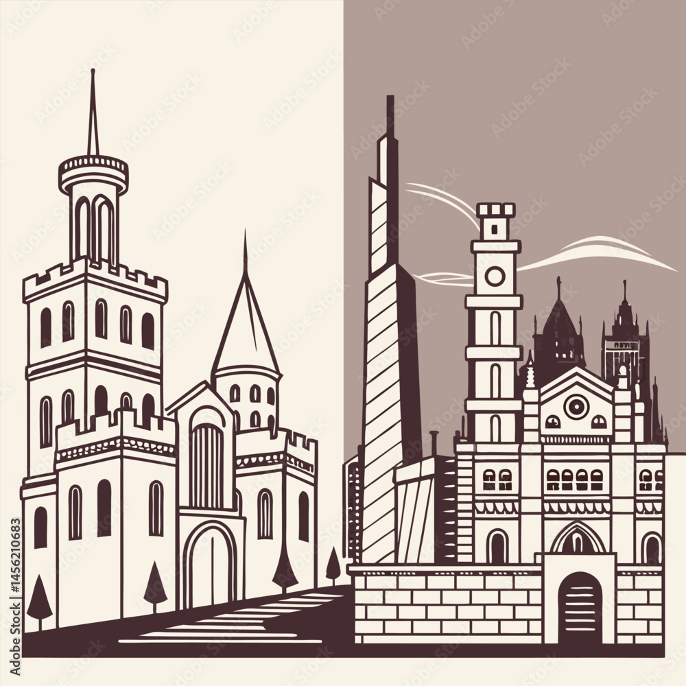 Fototapeta premium A split illustration showcasing two distinct architectural styles