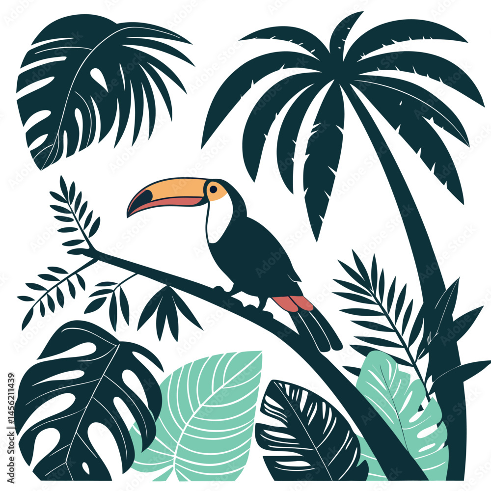 Fototapeta premium Illustration of a toucan perched on a branch amidst tropical foliage, featuring large green leaves, palm trees, and other exotic plants