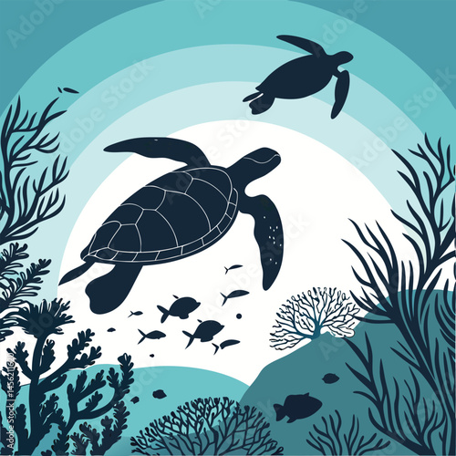 A stylized underwater scene featuring a large sea turtle swimming above a colorful coral reef.
