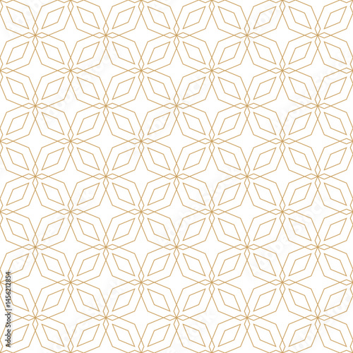 Luxury geometric floral seamless pattern interconnected golden star-like shapes repeat tile on a clean white background. 