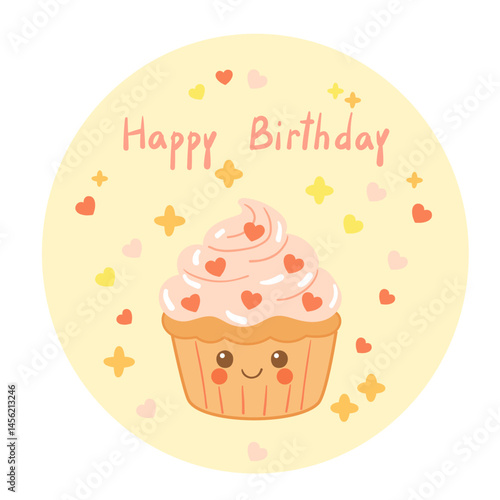 Fun and festive birthday greeting card with cute cupcake character, pink frosting, and candy sprinkles in kawaii style.