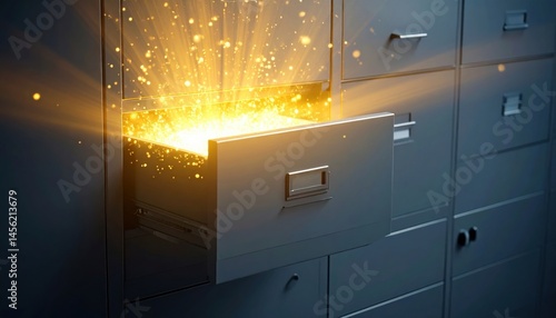 Wallpaper Mural A filing cabinet drawer glows with magical golden light, suggesting hidden treasures or secrets inside. Torontodigital.ca