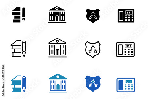 Justice and law solid line vector icon set. Icons related to capture, arrest, imprisonment, authority, evidence, criminal, jail, justice, judge, sinful, legal, jury, defense, verdict, punishment etc. 