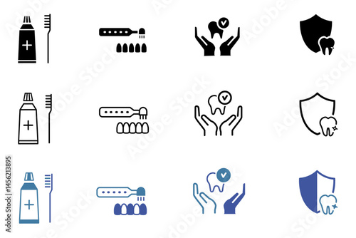 Dental solid and line vector icon set. Icons related to Dental tools, chair, fulfillment, mouthwash, dental syringe, teeth, electric brush, dentistry, orthodontics, caries, braces etc. 
