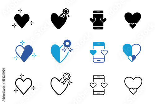 Heart best solid and line icon set. Icons related to life, heartbeat, caring, passion, healthcare, emotional, like, charity, volunteering, donation, help and support. Vector illustration
