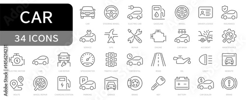 Car simple line icons set. Auto repair, car service, vehicle, maintenance, wheel, engine, parking, garage editable stroke icon. vector