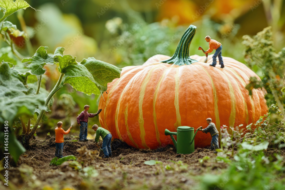 Obraz premium Tiny gardeners tending to giant pumpkin in field. Agriculture, harvest, nature care, surreal farming, teamwork, organic food, miniature world. selective focus 
