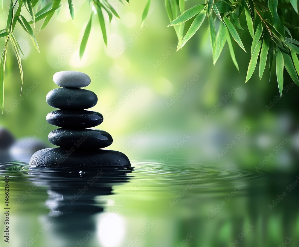 Zen stone stack above rippling water with soft bamboo background. Zen stone stack above rippling water with soft bamboo background.