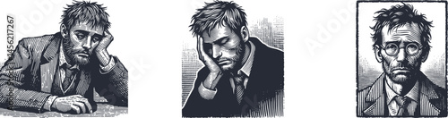set Engraving Designs Featuring an Unemployed Man with a Tired Face – Detailed Line Art Illustrations for Print, Engraving, and Vintage-Inspired Creative Projects