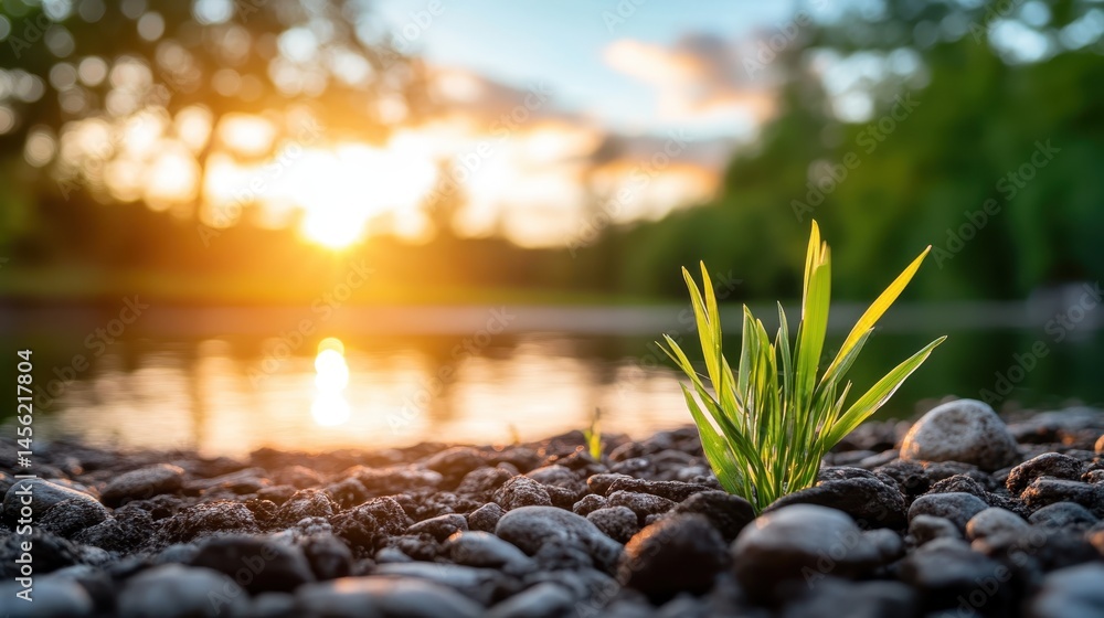 Fototapeta premium Vibrant green grass thrives on pebbles near a body of water, illuminated by the setting sun, symbolizing life and endurance in natural settings.