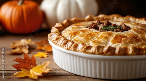 Fototapeta Naklejka Na Ścianę i Meble -  This image showcases a beautifully crafted meat pie, surrounded by autumn leaves and decorative pumpkins, evoking warmth and comfort during the fall season.