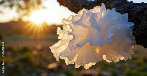 Fototapeta Naklejka Na Ścianę i Meble -  A tremella mushroom hanging from a tree branch in a forest area with trees in the background and a light shining on the tremella. Chinese gelatinous fungi. Tremella fuciformis. Snow fungus.