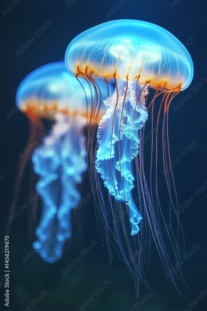 Two glowing jellyfish swimming in dark waters. Innovation and creativity adaptation concept. Two glowing jellyfish swimming in dark waters. Innovation and creativity adaptation concept.