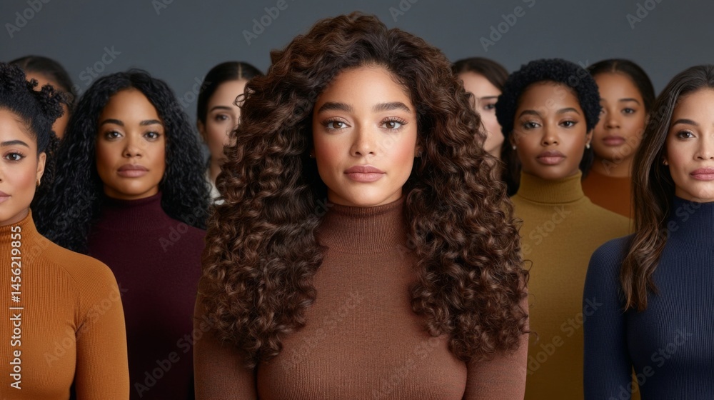Obraz premium Diverse group of women with various hairstyles and skin tones in a portrait