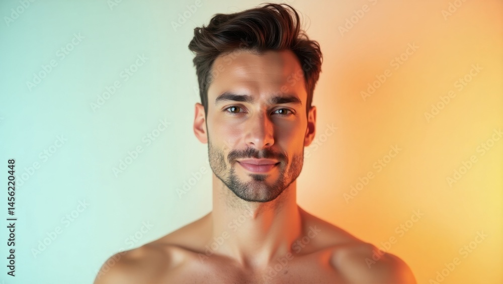 Fototapeta premium Tower 28 Beauty. Handsome brunette man smiling closeup warm light port