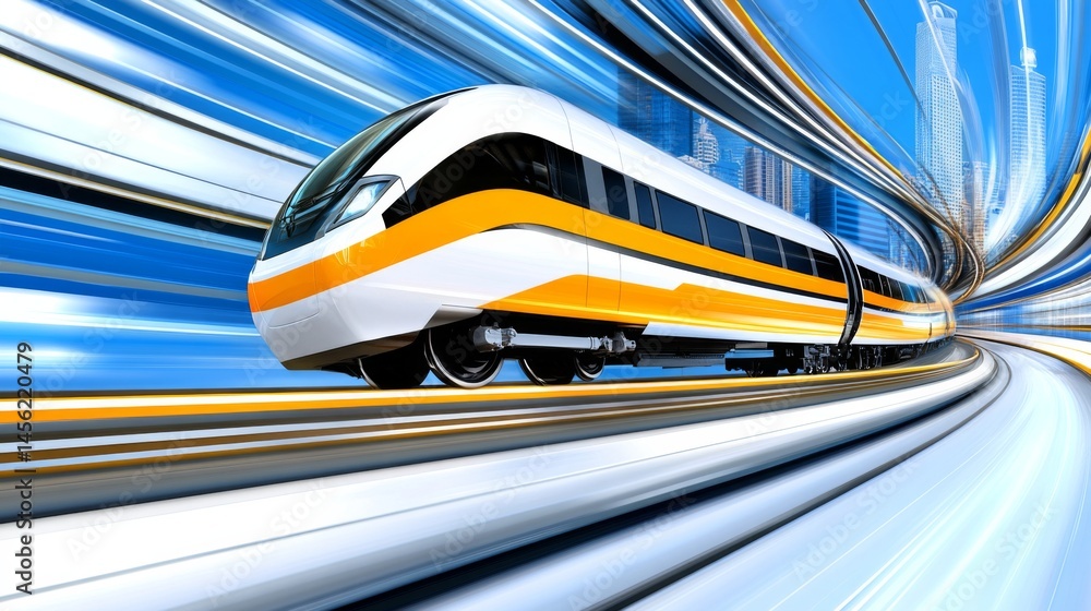 Obraz premium High-speed train in motion with a dynamic blue and yellow background