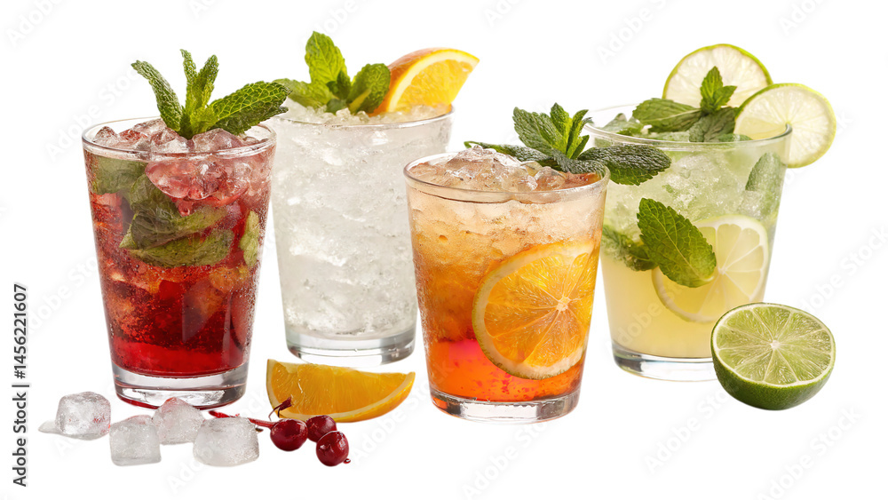 A refreshing quartet of summer cocktails, each brimming with ice, vibrant fruit slices, and fragrant mint, set against a clean white background. A refreshing quartet of summer cocktails, each brimming with ice, vibrant fruit slices, and fragrant mint, set against a clean white background.