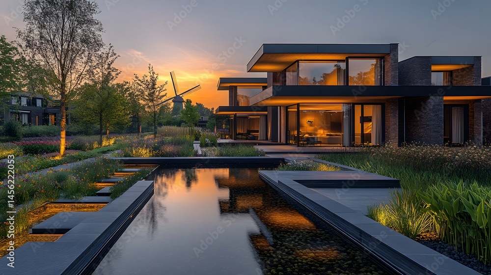 Serene Dutch Village with Rotating Windmills and Boundless Vibrant Tulip Fields at Sunrise Serene Dutch Village with Rotating Windmills and Boundless Vibrant Tulip Fields at Sunrise
