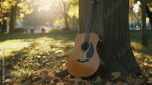 Acoustic Guitar Resting Against Tree in Sunlit Park Photo
